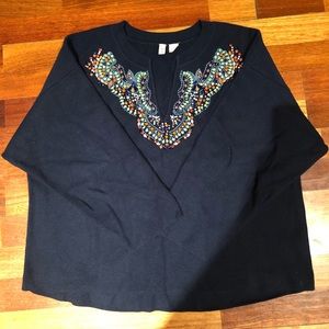 anthropologie navy sweater w beaded neck, size L